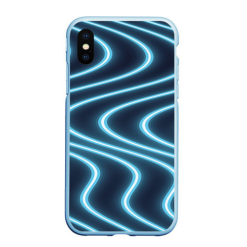 Чехол iPhone XS Max матовый Неоновый свет Волны голубые на темном фоне / 3D-Голубой – фото 1