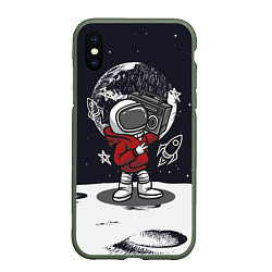 Чехол iPhone XS Max матовый Космонавт с магнитофоном, цвет: 3D-темно-зеленый