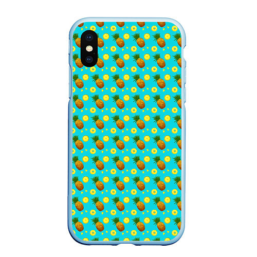 Чехол iPhone XS Max матовый Много ананасов / 3D-Голубой – фото 1