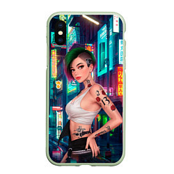 Чехол iPhone XS Max матовый Judy Cyberpunk2077 Киберпанк, цвет: 3D-салатовый