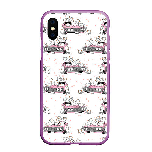 Чехол iPhone XS Max матовый Коты на автомобиле Паттерн / 3D-Фиолетовый – фото 1