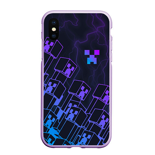 Чехол iPhone XS Max матовый Minecraft CREEPER NEON / 3D-Сиреневый – фото 1