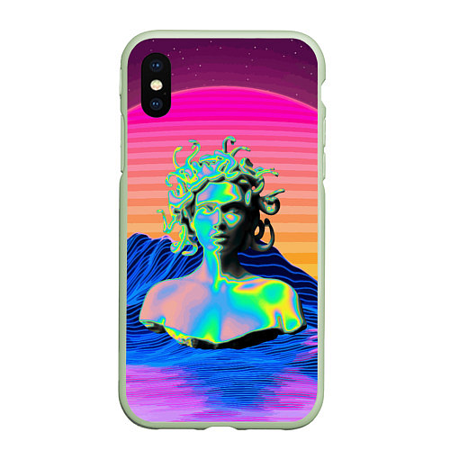 Чехол iPhone XS Max матовый Gorgon Medusa Vaporwave Neon Mountains / 3D-Салатовый – фото 1