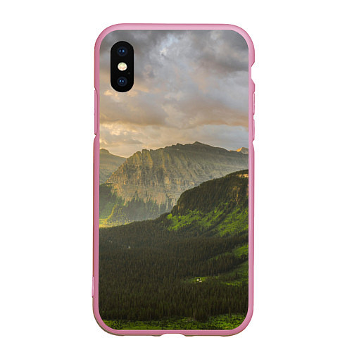 Чехол iPhone XS Max матовый Горы, лес, небо / 3D-Розовый – фото 1