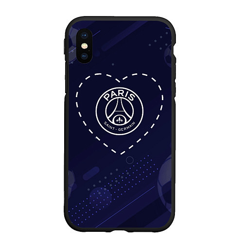 Чехол iPhone XS Max матовый Лого PSG в сердечке на фоне мячей / 3D-Черный – фото 1