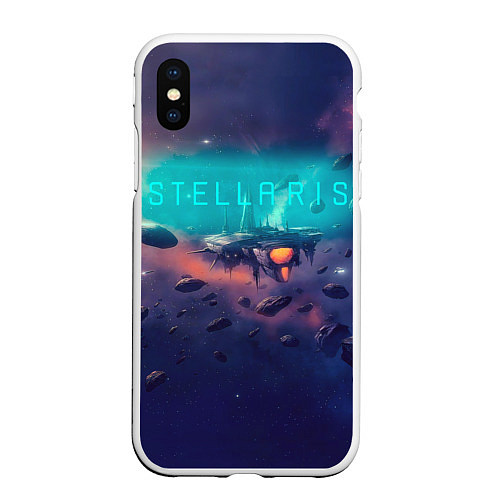 Чехол iPhone XS Max матовый Stellaris космический корабль на фоне астероидов / 3D-Белый – фото 1