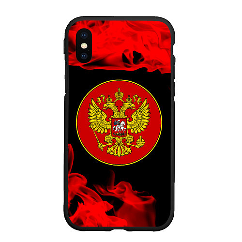 Чехол iPhone XS Max матовый RUSSIA - ГЕРБ - Пламя / 3D-Черный – фото 1