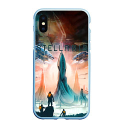 Чехол iPhone XS Max матовый Stellaris космические корабли на фоне башни