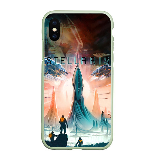 Чехол iPhone XS Max матовый Stellaris космические корабли на фоне башни / 3D-Салатовый – фото 1