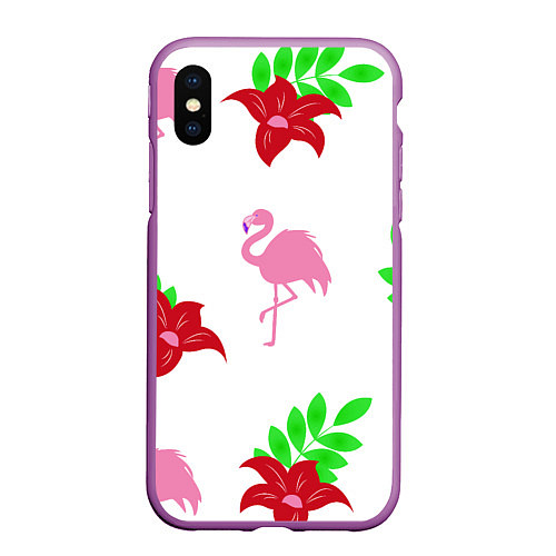 Чехол iPhone XS Max матовый Розовый фламинго с цветами / 3D-Фиолетовый – фото 1