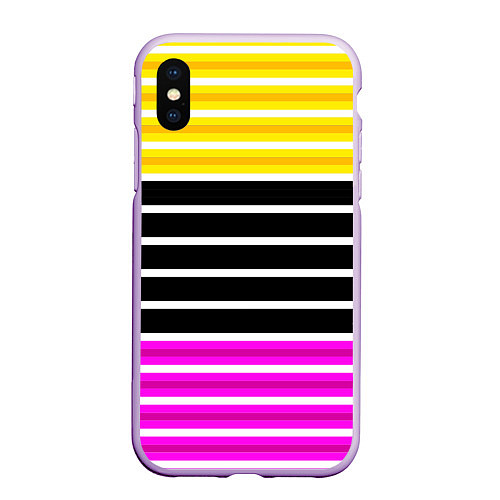 Чехол iPhone XS Max матовый Желтые розовые и черные полосы на белом / 3D-Сиреневый – фото 1