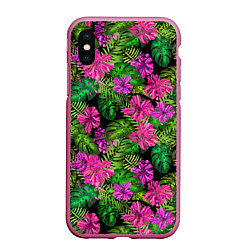 Чехол iPhone XS Max матовый Тропические листья и цветы на черном фоне, цвет: 3D-малиновый