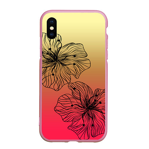 Чехол iPhone XS Max матовый Черные абстрактные цветы на красно-желтом градиент / 3D-Розовый – фото 1