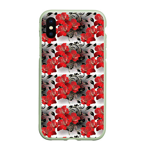 Чехол iPhone XS Max матовый Красные абстрактные цветы / 3D-Салатовый – фото 1