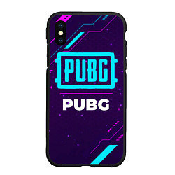 Чехол iPhone XS Max матовый Символ PUBG в неоновых цветах на темном фоне, цвет: 3D-черный