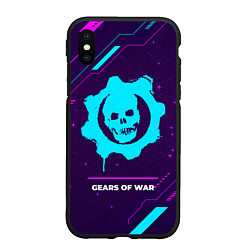 Чехол iPhone XS Max матовый Символ Gears of War в неоновых цветах на темном фо