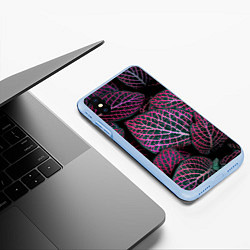 Чехол iPhone XS Max матовый Неоновые листья цветов - Розовый, цвет: 3D-голубой — фото 2