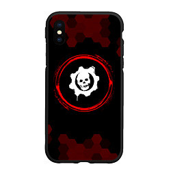 Чехол iPhone XS Max матовый Символ Gears of War и краска вокруг на темном фоне