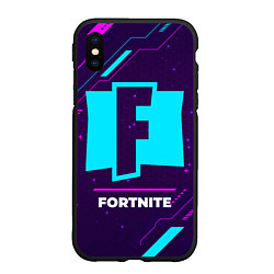 Чехол iPhone XS Max матовый Символ Fortnite в неоновых цветах на темном фоне