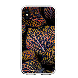 Чехол iPhone XS Max матовый Неоновые листья цветов - Оранжевый, цвет: 3D-белый