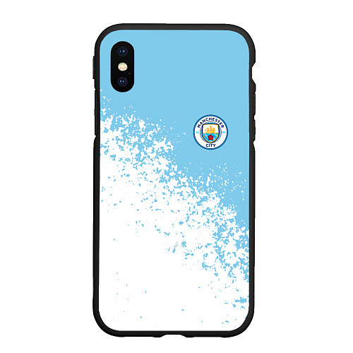 Чехол iPhone XS Max матовый Manchester city белые брызги на голубом фоне / 3D-Черный – фото 1