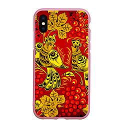 Чехол iPhone XS Max матовый Хохломская Роспись Две Птици На Красном Фоне, цвет: 3D-розовый