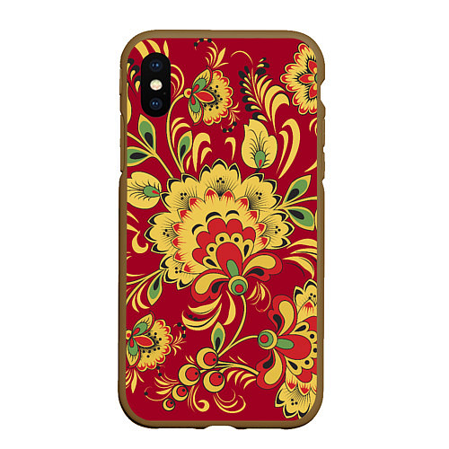 Чехол iPhone XS Max матовый Хохломская Роспись Цветы На красном Фоне / 3D-Коричневый – фото 1