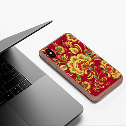 Чехол iPhone XS Max матовый Хохломская Роспись Цветы На красном Фоне, цвет: 3D-коричневый — фото 2