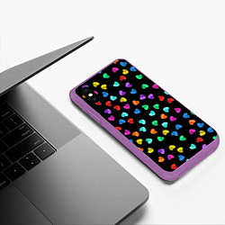 Чехол iPhone XS Max матовый Сердечки разноцветные на черном, цвет: 3D-фиолетовый — фото 2