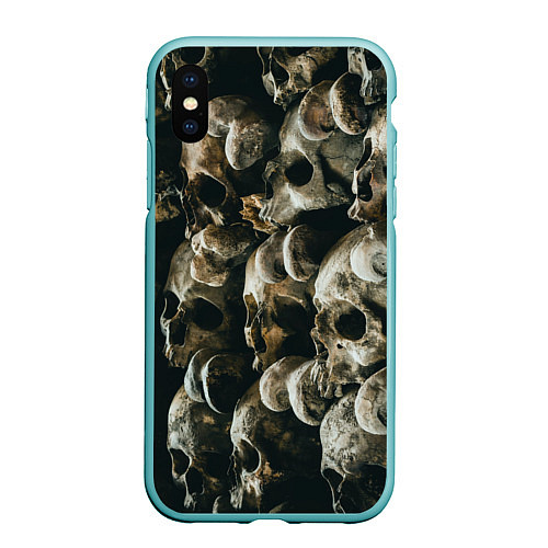 Чехол iPhone XS Max матовый Множество черепов во тьме - Жёлтый / 3D-Мятный – фото 1