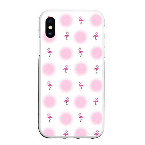 Чехол iPhone XS Max матовый Фламинго и круги на белом фоне / 3D-Белый – фото 1