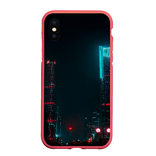 Чехол iPhone XS Max матовый Неоновые высотки в городе - Светло-синий / 3D-Красный – фото 1