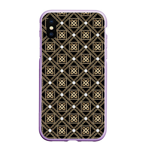 Чехол iPhone XS Max матовый Золотой орнамент на черном фоне / 3D-Сиреневый – фото 1