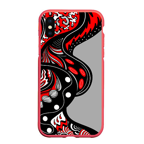 Чехол iPhone XS Max матовый Красно-чёрные дудлы / 3D-Красный – фото 1