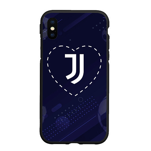 Чехол iPhone XS Max матовый Лого Juventus в сердечке на фоне мячей / 3D-Черный – фото 1