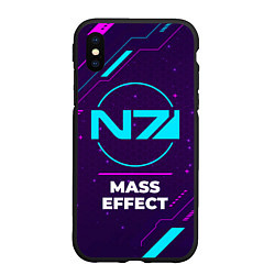 Чехол iPhone XS Max матовый Символ Mass Effect в неоновых цветах на темном фон