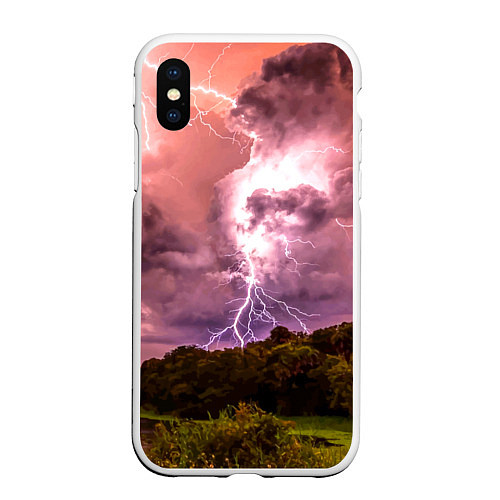 Чехол iPhone XS Max матовый Грозовые разряды молний над лесным озером / 3D-Белый – фото 1