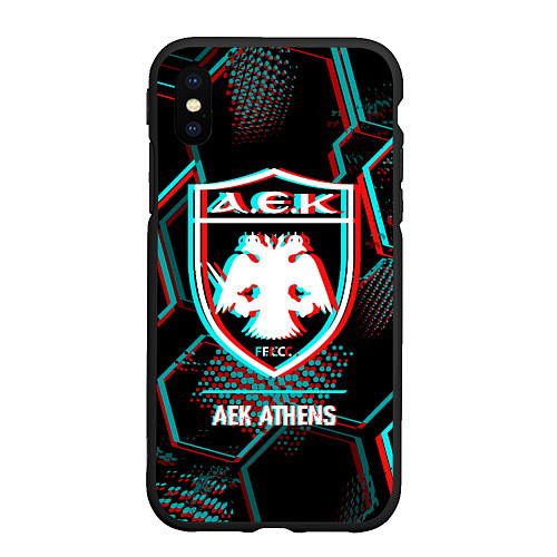 Чехол iPhone XS Max матовый AEK Athens FC в стиле Glitch на темном фоне / 3D-Черный – фото 1