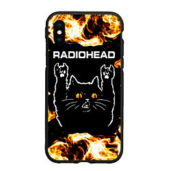 Чехол iPhone XS Max матовый Radiohead рок кот и огонь, цвет: 3D-черный