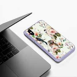 Чехол iPhone XS Max матовый Цветы Нарисованные Магнолии и Птицы, цвет: 3D-светло-сиреневый — фото 2