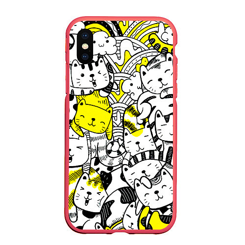 Чехол iPhone XS Max матовый Милые Чёрные и Жёлтые Коты / 3D-Красный – фото 1