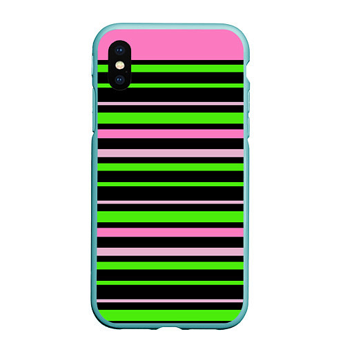 Чехол iPhone XS Max матовый Полосаты узор в зелено-розовых оттенках на черном / 3D-Мятный – фото 1