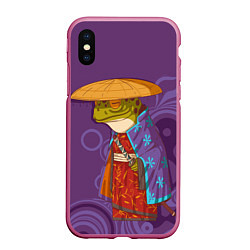 Чехол iPhone XS Max матовый Лягуха-самурай на фиолетовом фоне, цвет: 3D-малиновый