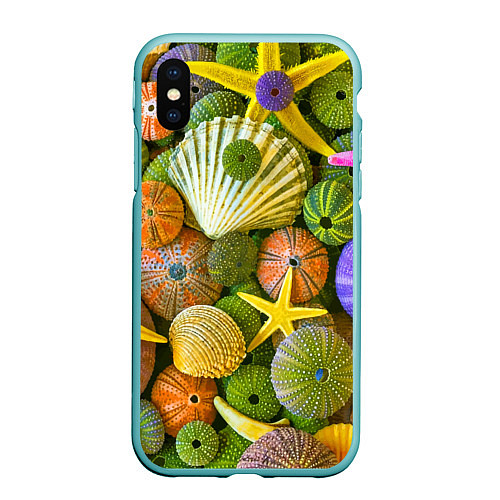 Чехол iPhone XS Max матовый Композиция из морских звёзд и ракушек / 3D-Мятный – фото 1