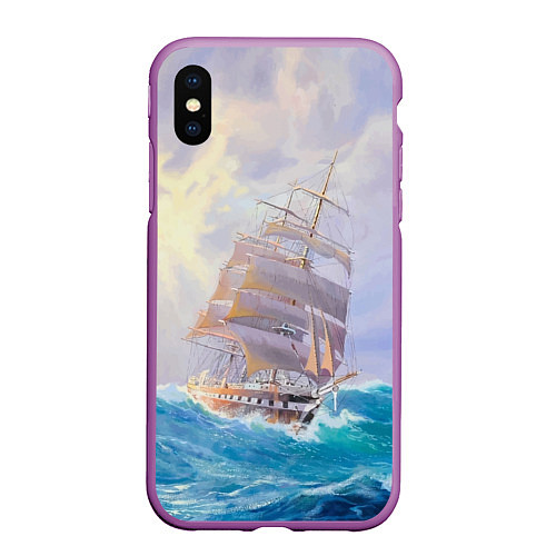 Чехол iPhone XS Max матовый Фрегат в штормовом океане / 3D-Фиолетовый – фото 1