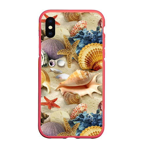 Чехол iPhone XS Max матовый Морские раковины, кораллы, морские звёзды на песке / 3D-Красный – фото 1