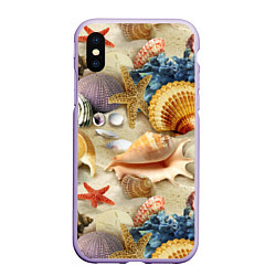 Чехол iPhone XS Max матовый Морские раковины, кораллы, морские звёзды на песке, цвет: 3D-светло-сиреневый
