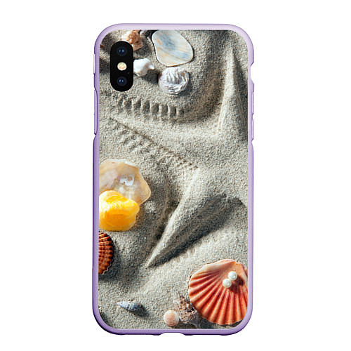 Чехол iPhone XS Max матовый Звезда из песка, ракушки и две жемчужины / 3D-Светло-сиреневый – фото 1