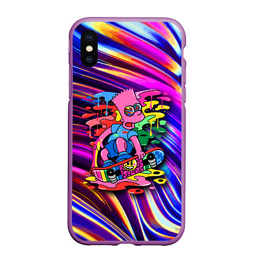 Чехол iPhone XS Max матовый Скейтбордист Барт Симпсон на фоне разноцветных кля / 3D-Фиолетовый – фото 1