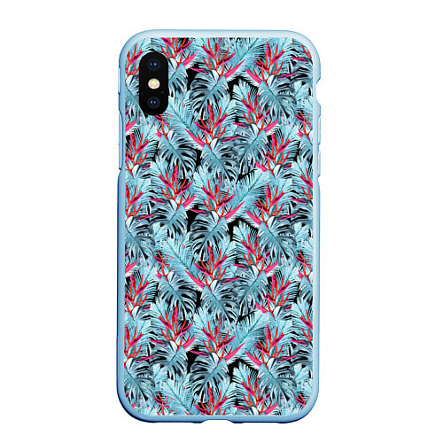 Чехол iPhone XS Max матовый Голубые тропические листья и цветы / 3D-Голубой – фото 1